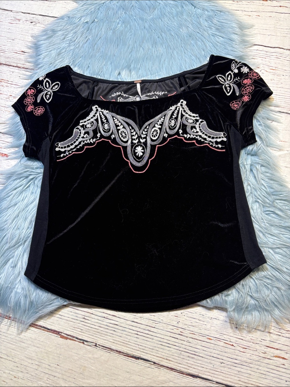 Free People Party Train Black Velvet Short Sleeve Top White & Pink Embroidery